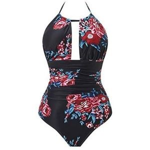 Black Floral Halter One-Piece Swimsuit - Unbranded